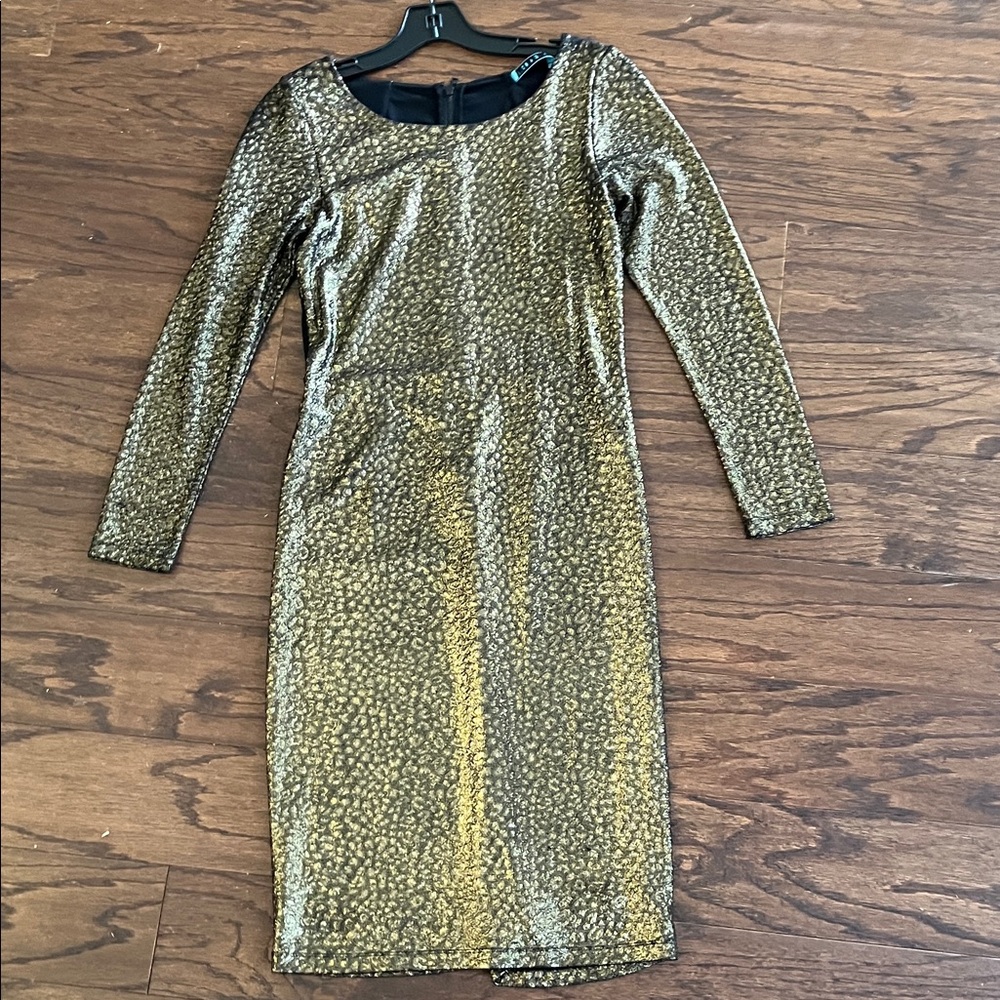 Gold Metallic Long-Sleeve Midi Sheath Dress
